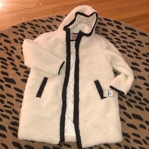 New Levi’s Cozy CreamHooded Coat with Faux Leather Black Trim